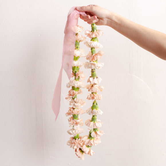 Flower Necklace from Native Poppy - made from cream and light pink carnations tied with chiffon ribbon