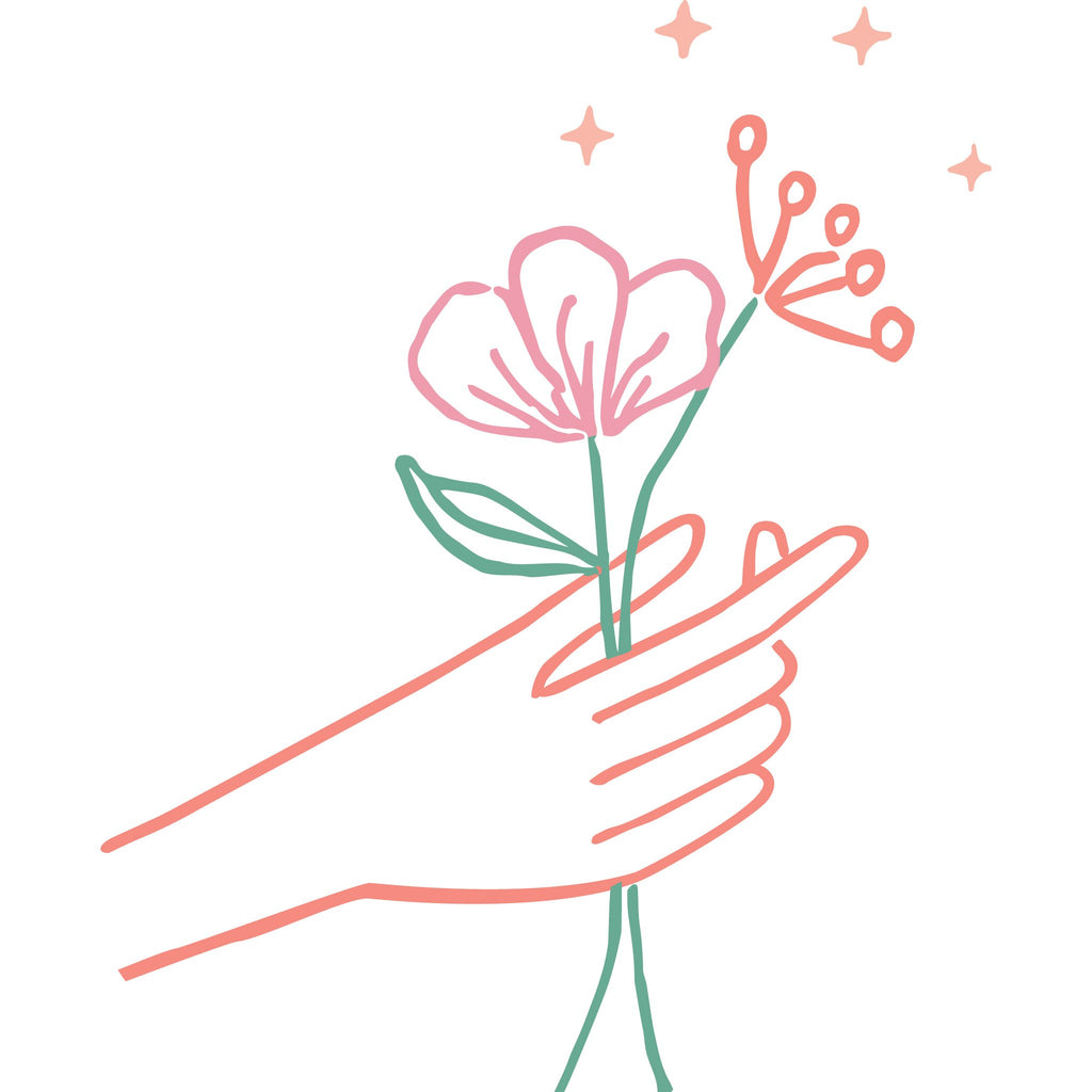 Native Poppy logo element - Illustrated hand holds pink and peach blooms