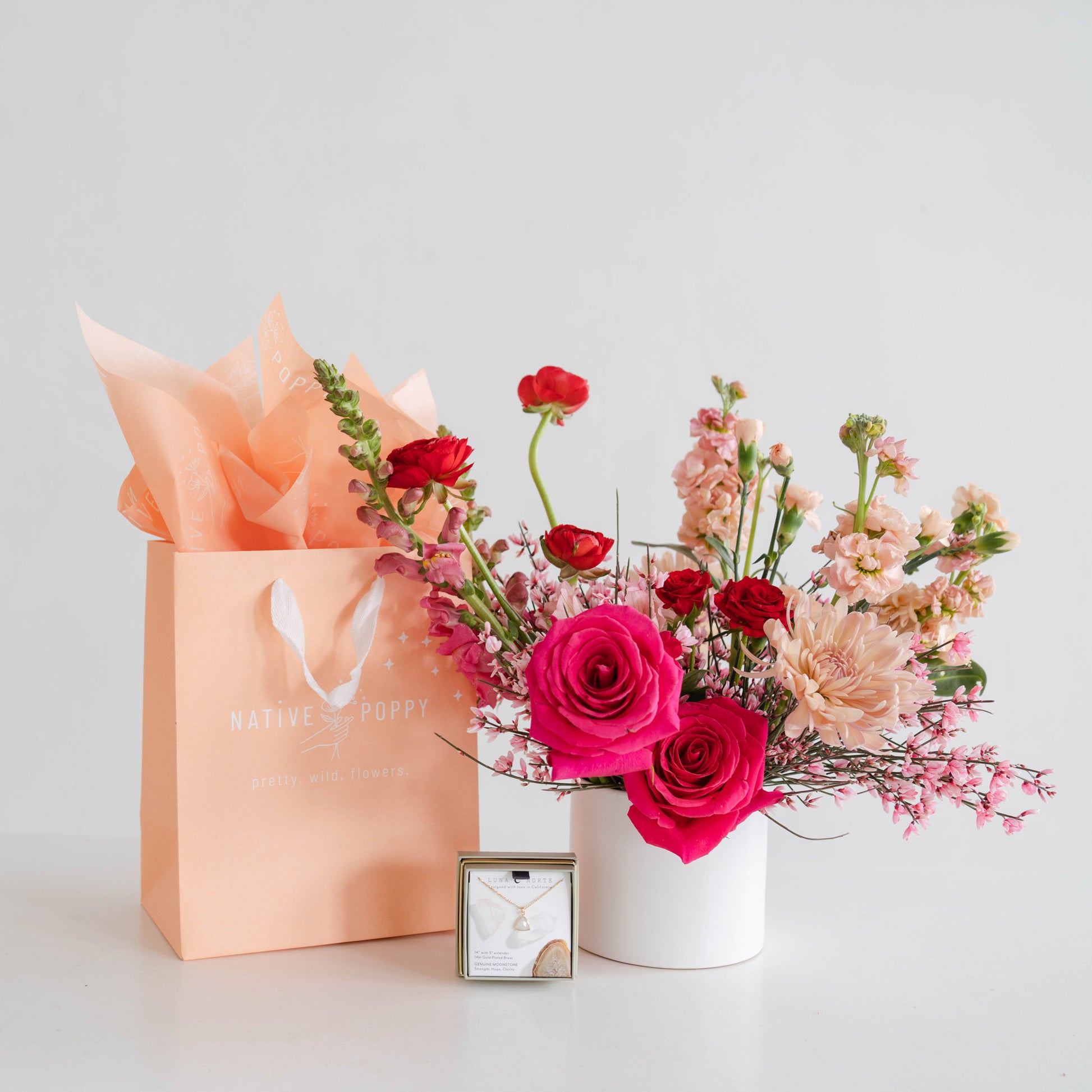 Valentine's Day flowers and moonstone necklace gift from Native Poppy