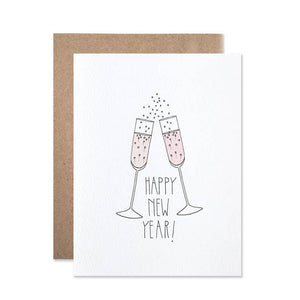 Happy new year card - pink bubbly champagne flutes