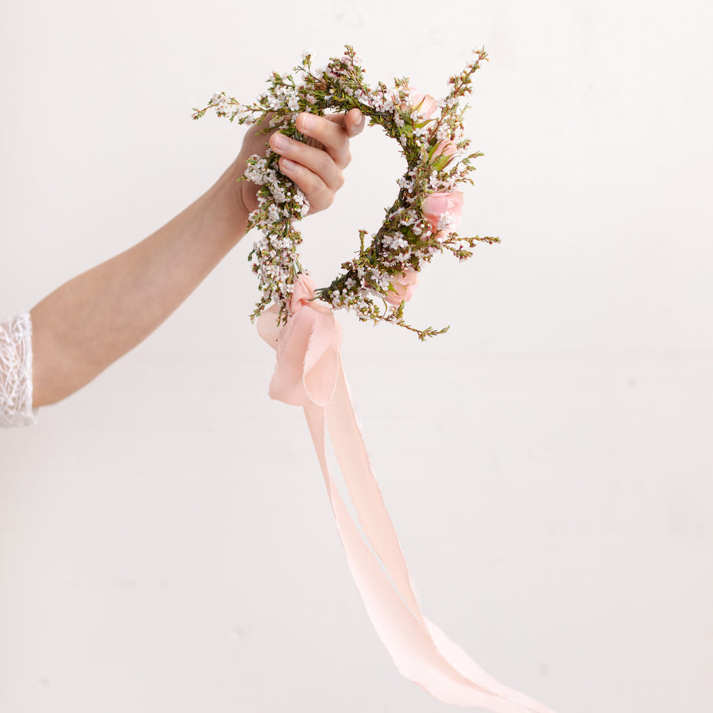 Child sized flower crown with pink ribbon