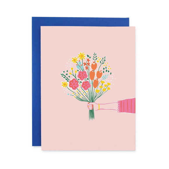 For You Bouquet Card from Black Lamb Studio - hand holding multicolored flowers on pink background