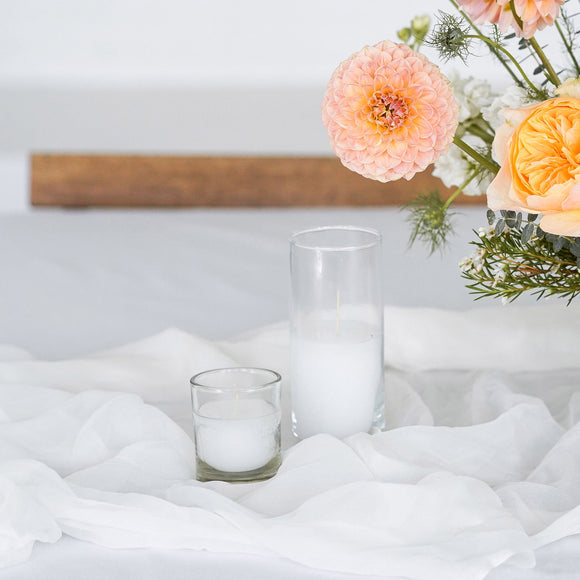 Glass Votive Candles with chiffon table runner