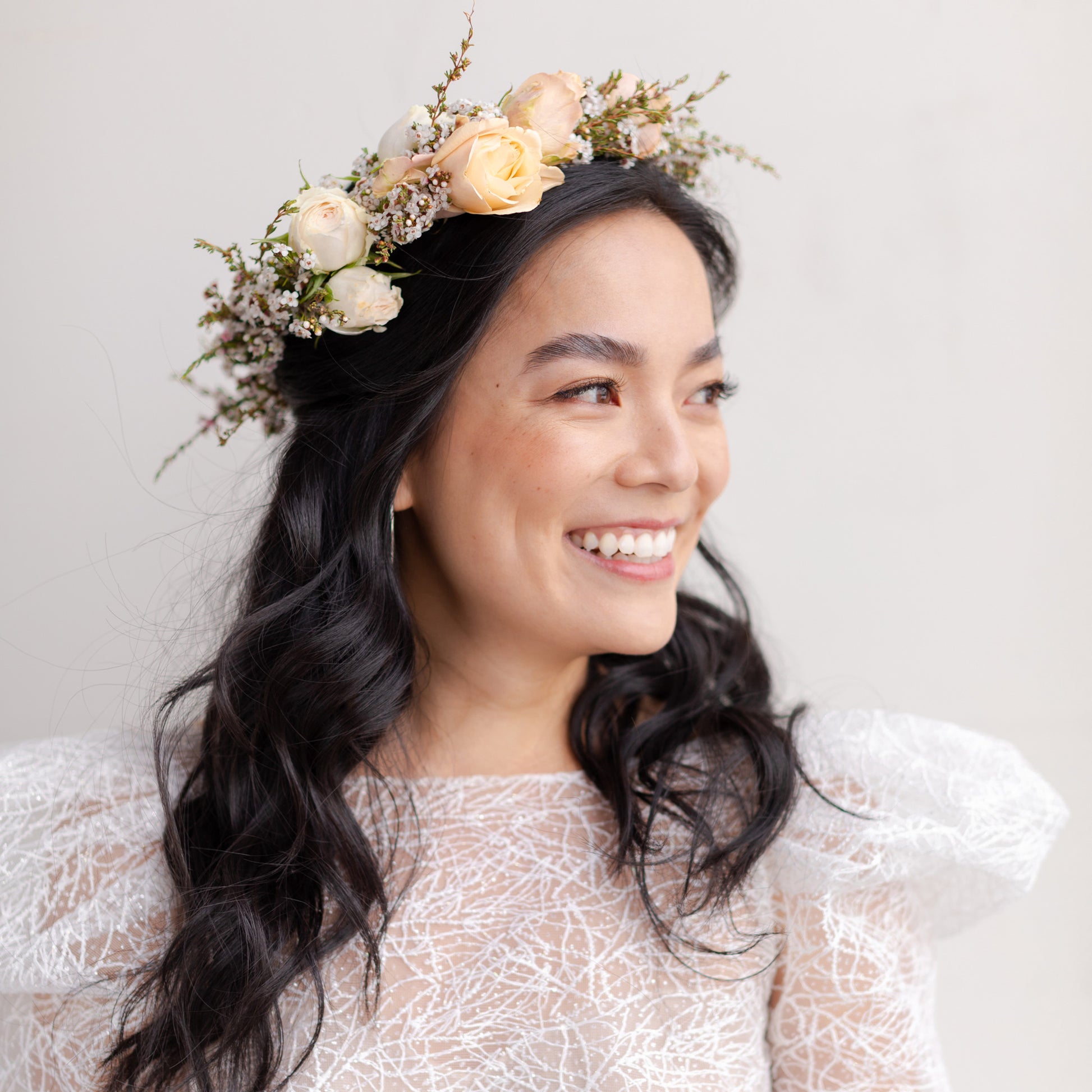 Bride models the Grace flower crown from Native Poppy