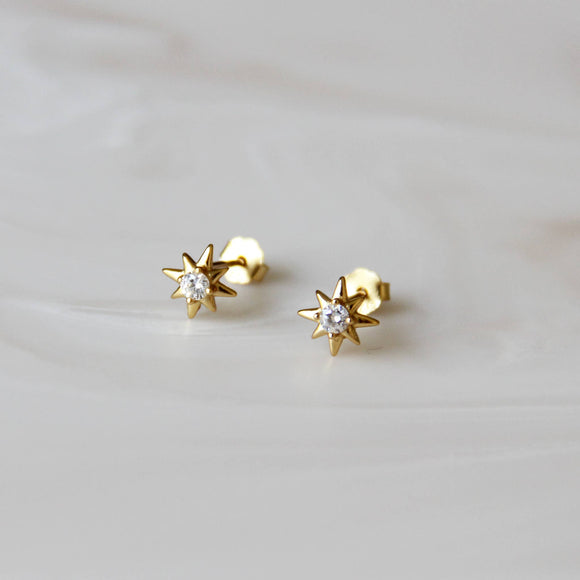 North star stud earrings - gold stars with crystal gemstone center