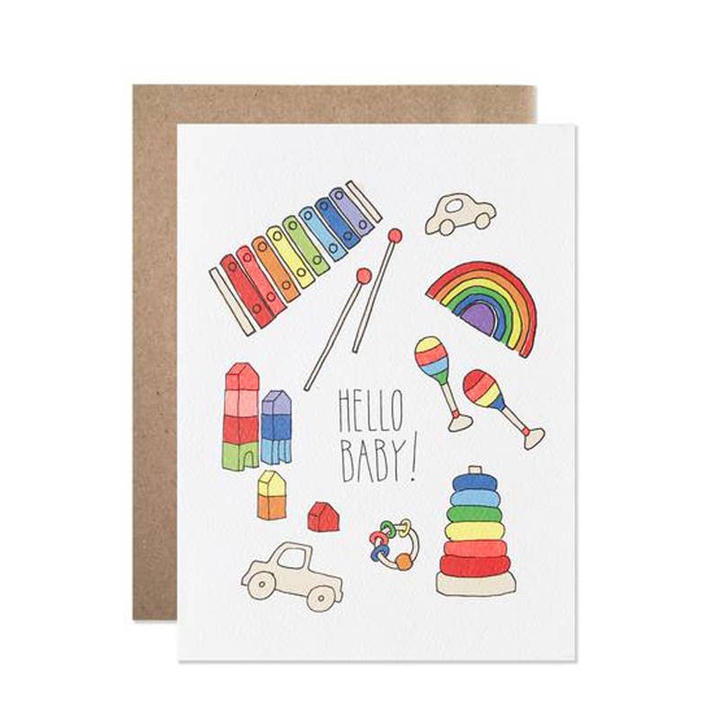Hello baby card - illustrated with rainbow toddler toys