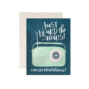 Congrats Card from One Canoe Two - green radio says "Just heard the news! Congratulations!"