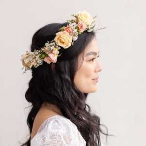 Woman models the Lucy Flower Crown from Native Poppy