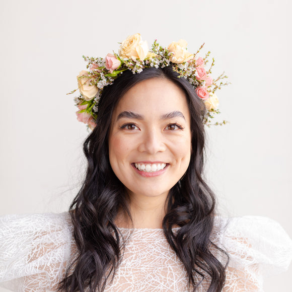 Bride with dark hair models the Lucy Flower Crown from Native Poppy