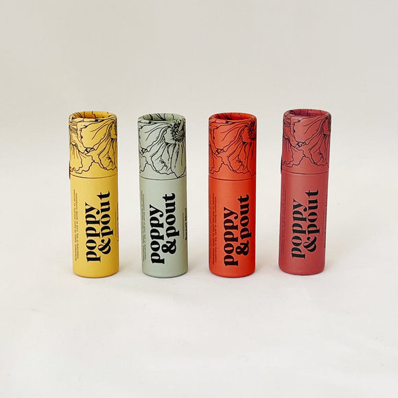 Poppy & Pout Lip Balm in lemon, mint, blood orange, and pomegranate