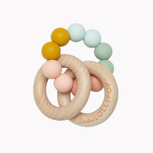 Rainbow Teether featuring silicone beads and two beechwood rings