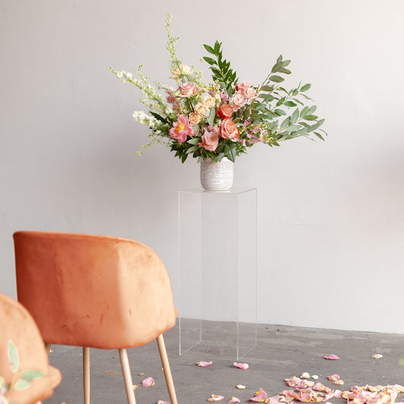 Wedding Aisle Marker Flowers on a clear pedestal