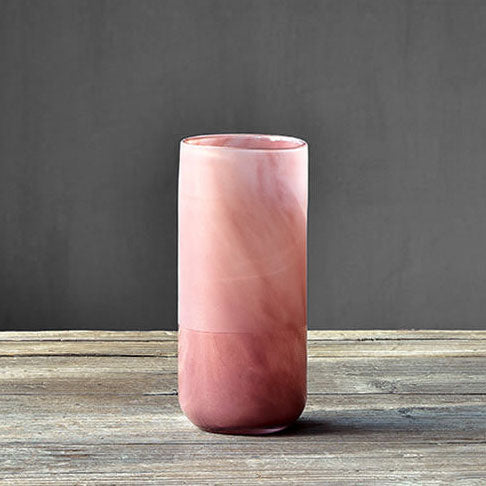 Mauve Marbled Glass Vase on a wood table