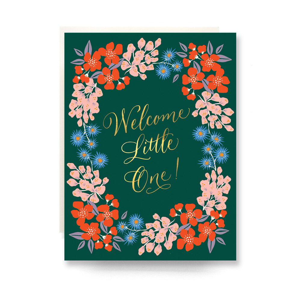 Welcome Little One Card - ring of red, pink, and blue flowers on dark green background